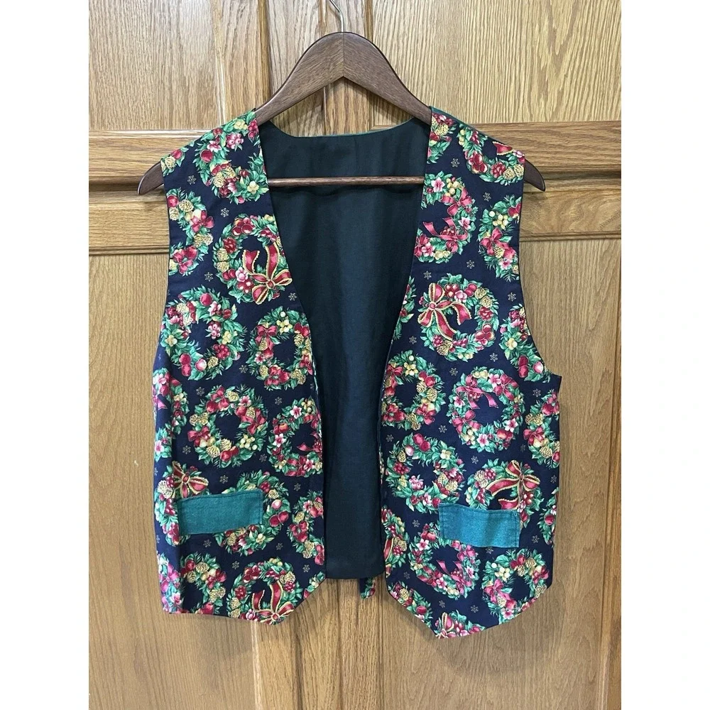 Christmas Festive Holiday‎ Vest Homemade Handmade Womens One Size Wreath Green